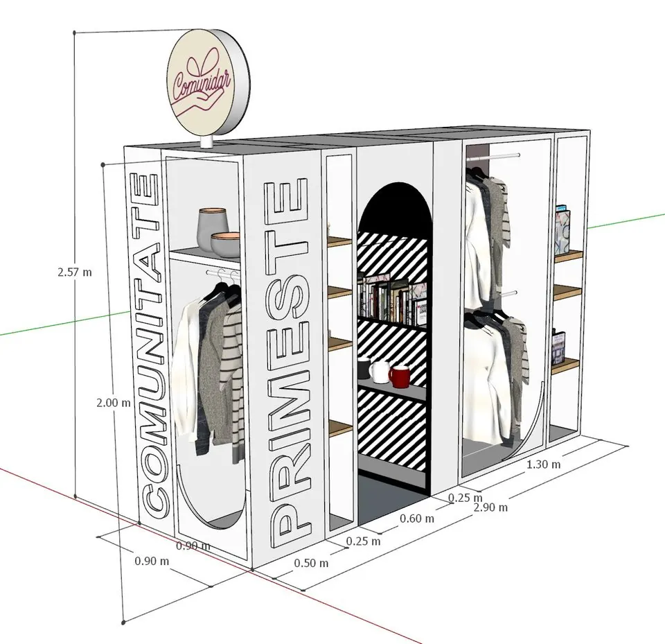 Desen tehnic 3D cotat al unui stand cu rafturi